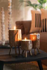 Set Of 3 Candles Tripod Teak Wood