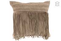 Coussin Franges Carre Cuir Gris