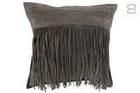 Coussin Franges Carre Cuir Gris